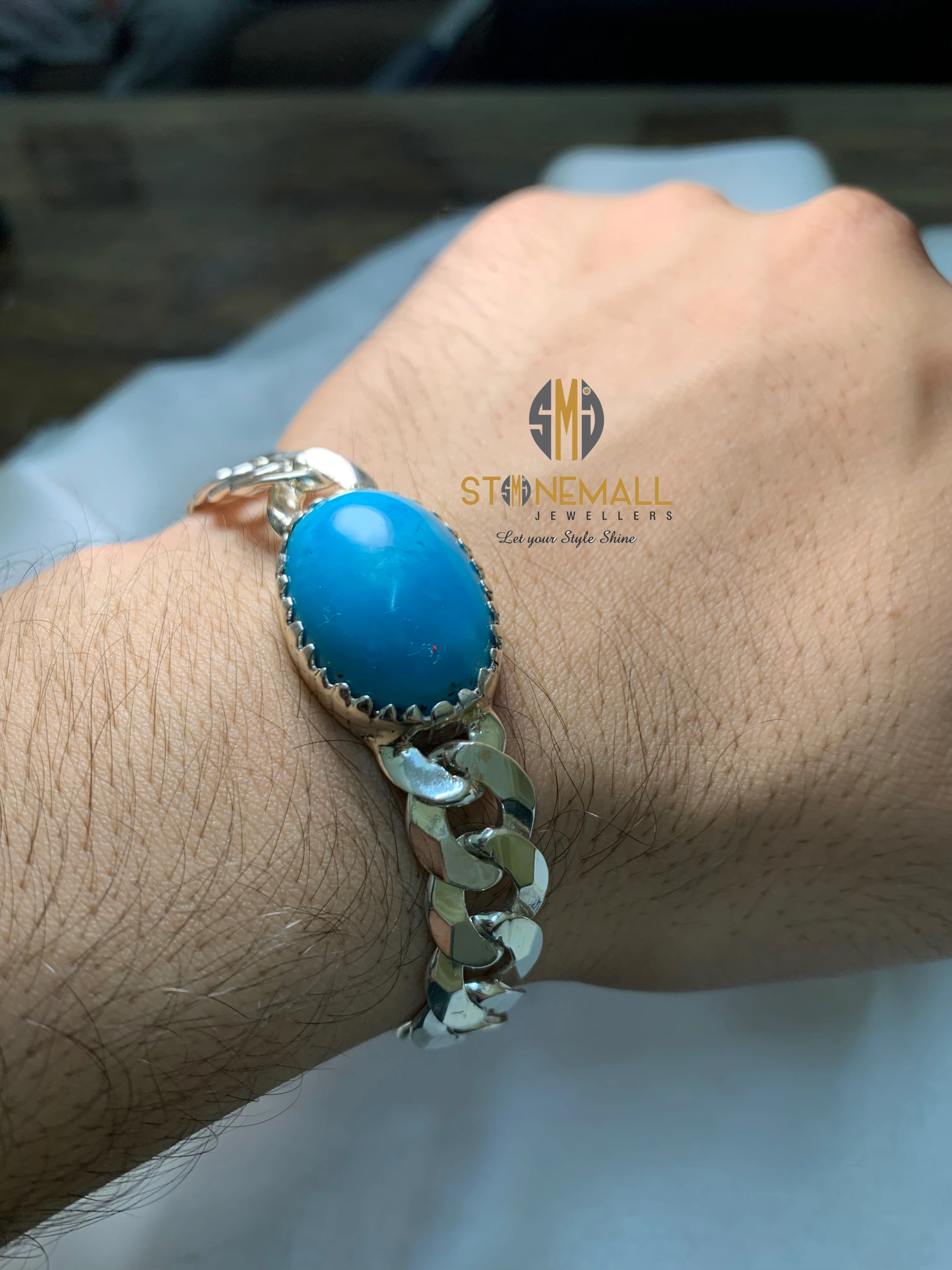 Natural Iranian Turquoise (Feroza) 925 Sterling Silver Handmade Bracelet - Image 4