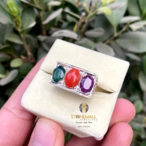 3-Stone Engraved Gemstone Ring in 925 Sterling Silver