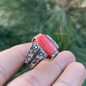 Natural Italian Coral (Marjan) 925 Sterling Silver Hand Engraved Ring