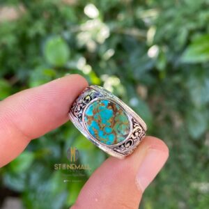 Natural Turquoise (Feroza) 925 Sterling Silver Hand Engraved Ring