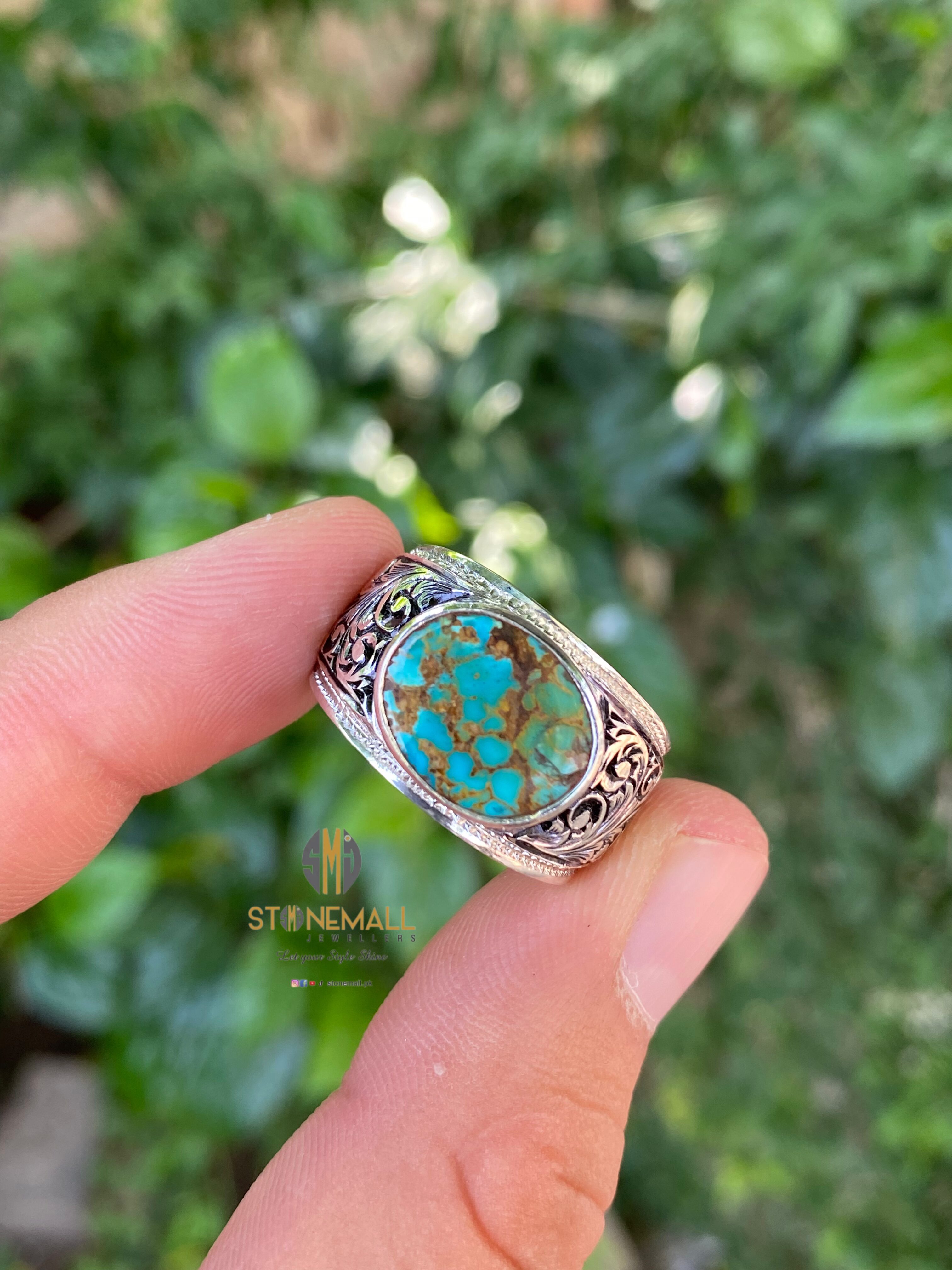 Natural Turquoise (Feroza) 925 Sterling Silver Hand Engraved Ring