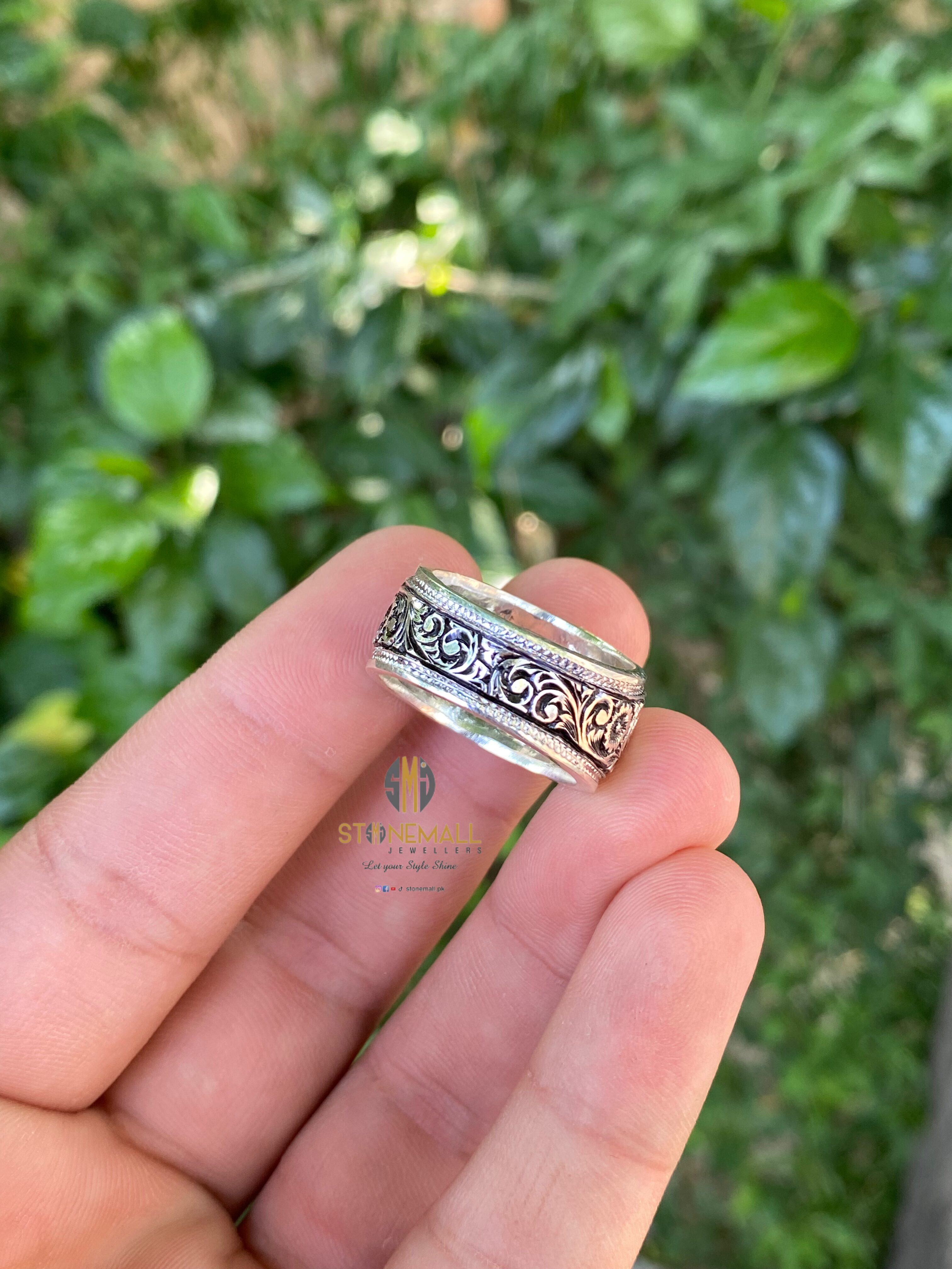 Natural Turquoise (Feroza) 925 Sterling Silver Hand Engraved Ring - Image 5