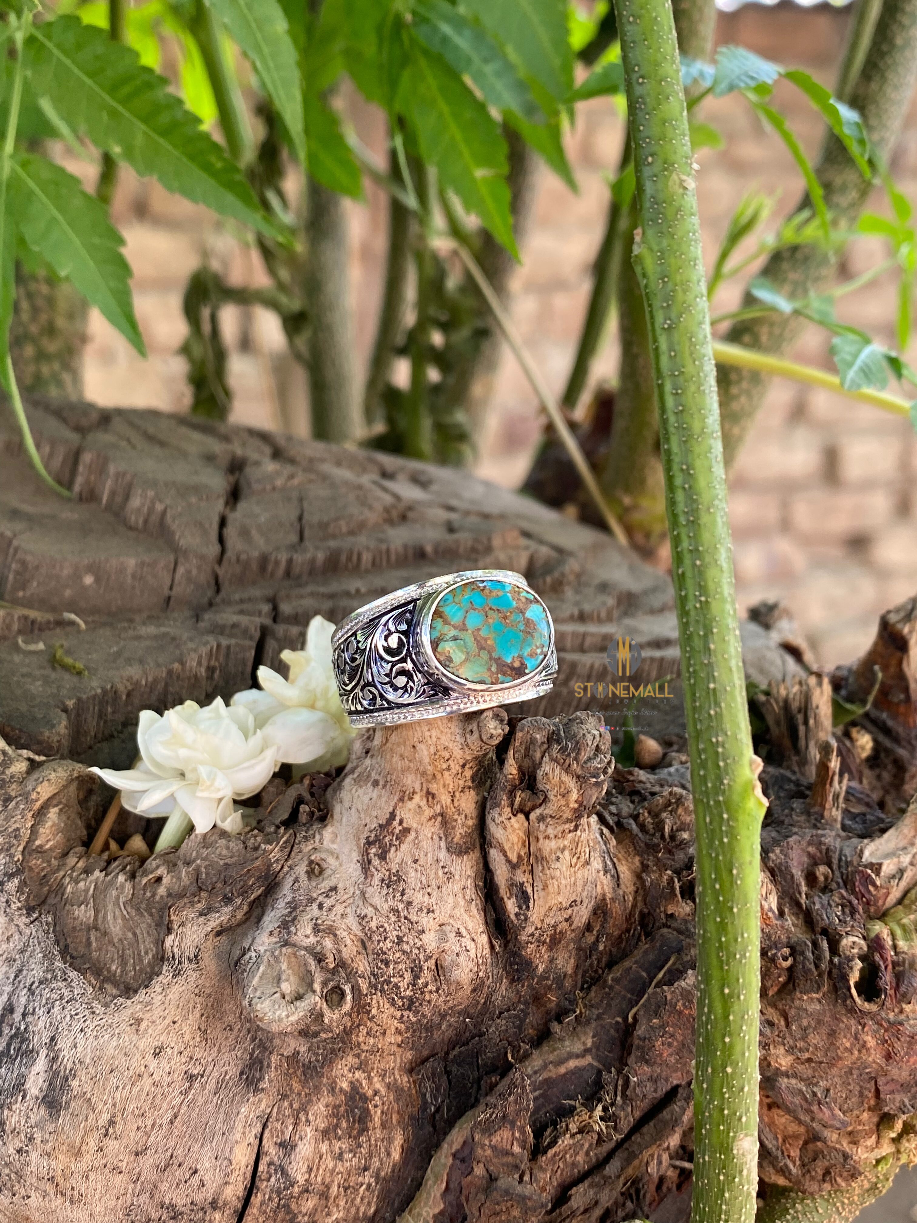Natural Turquoise (Feroza) 925 Sterling Silver Hand Engraved Ring - Image 2