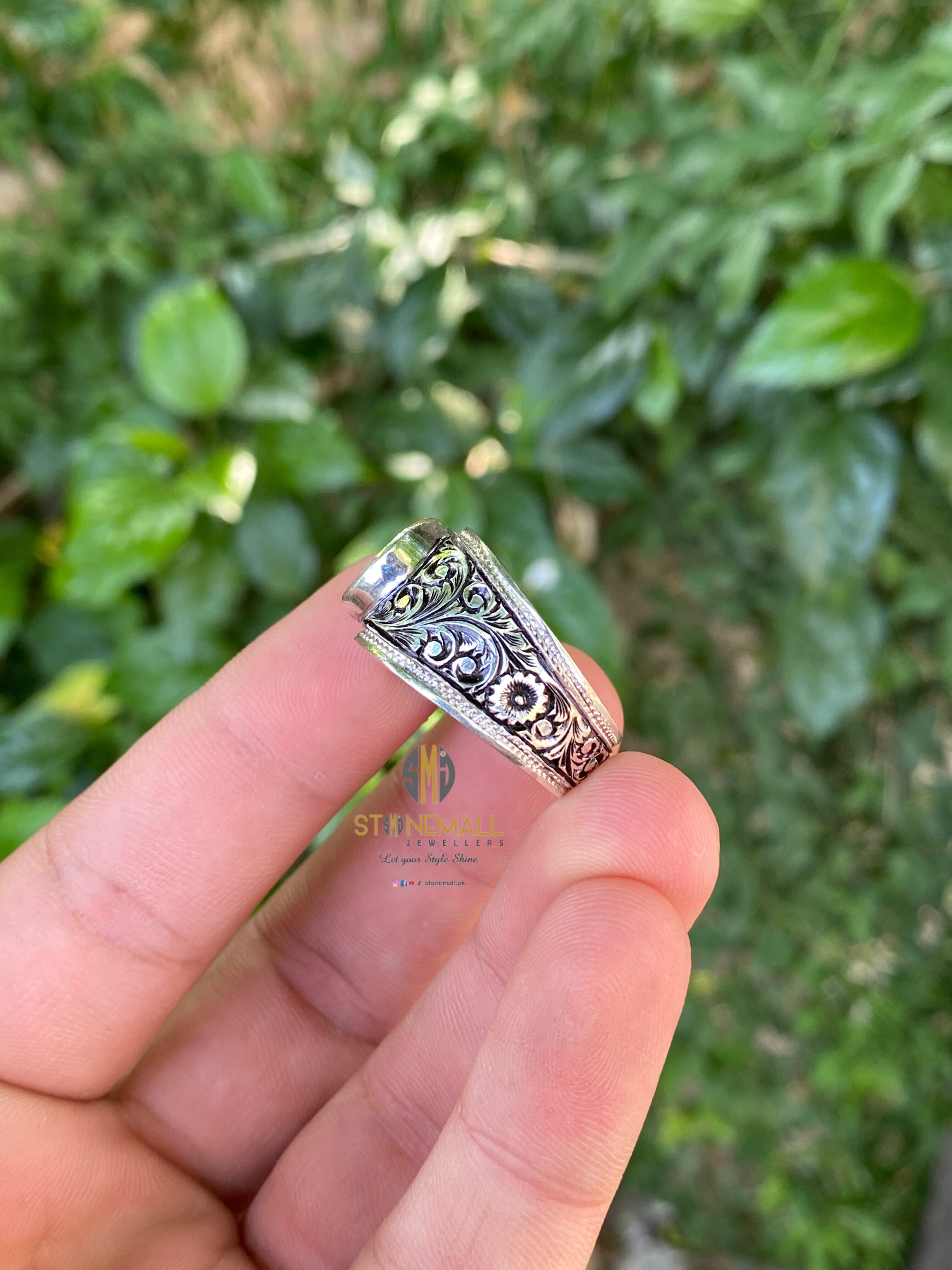 Natural Turquoise (Feroza) 925 Sterling Silver Hand Engraved Ring - Image 4