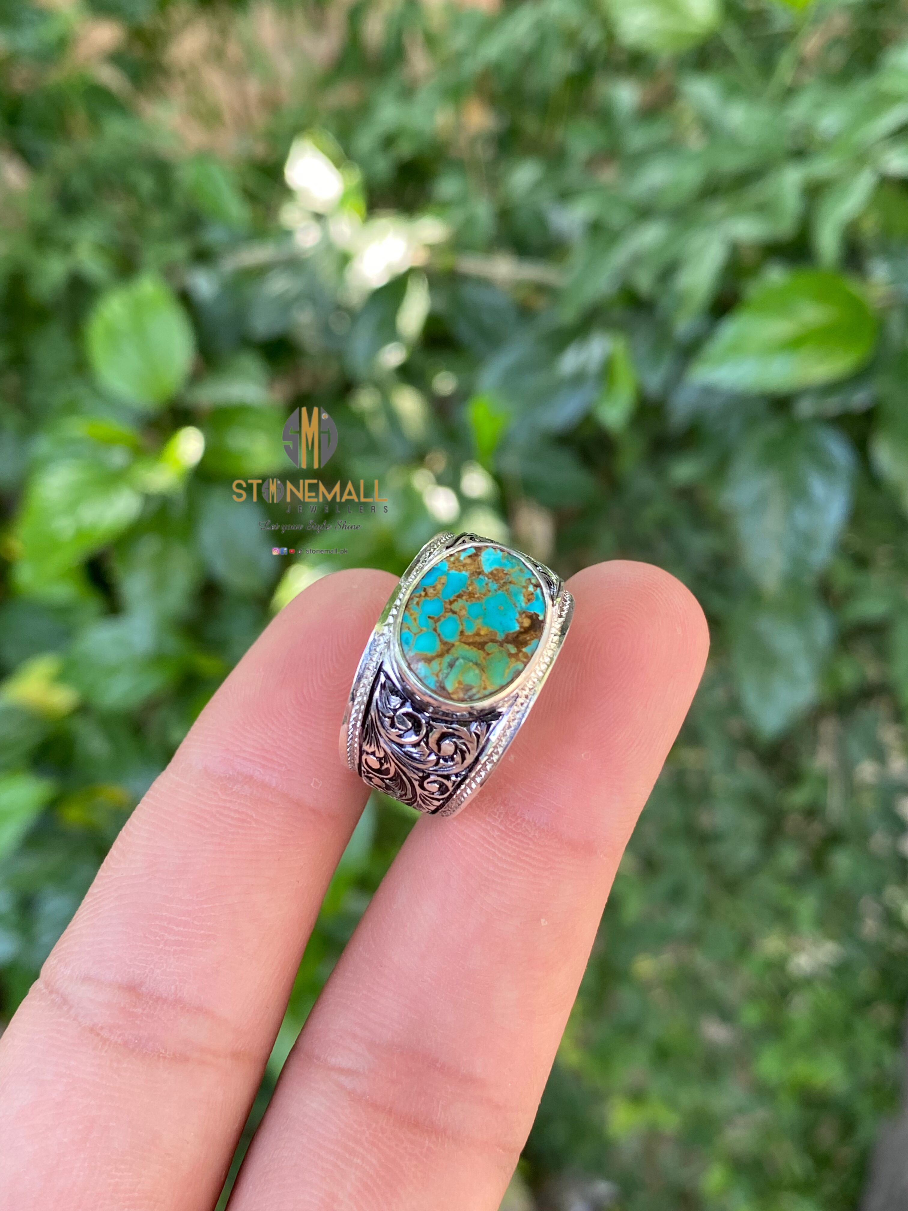 Natural Turquoise (Feroza) 925 Sterling Silver Hand Engraved Ring - Image 3