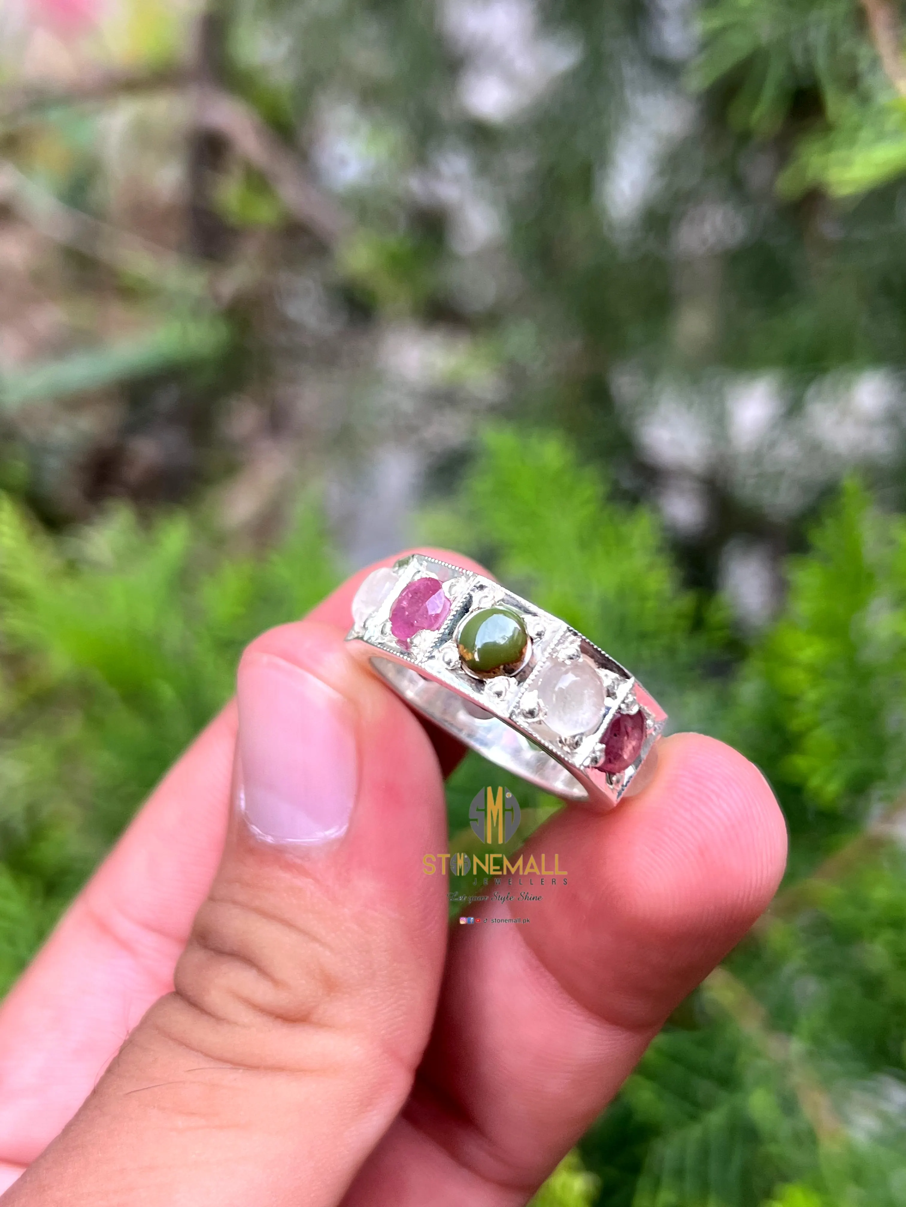 Three-Stone Ruby, Turquoise & Quartz 925 Sterling Silver Handmade Ring - Image 2