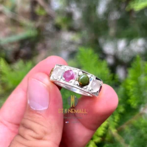 Three-Stone Ruby, Turquoise & Quartz 925 Sterling Silver Handmade Ring