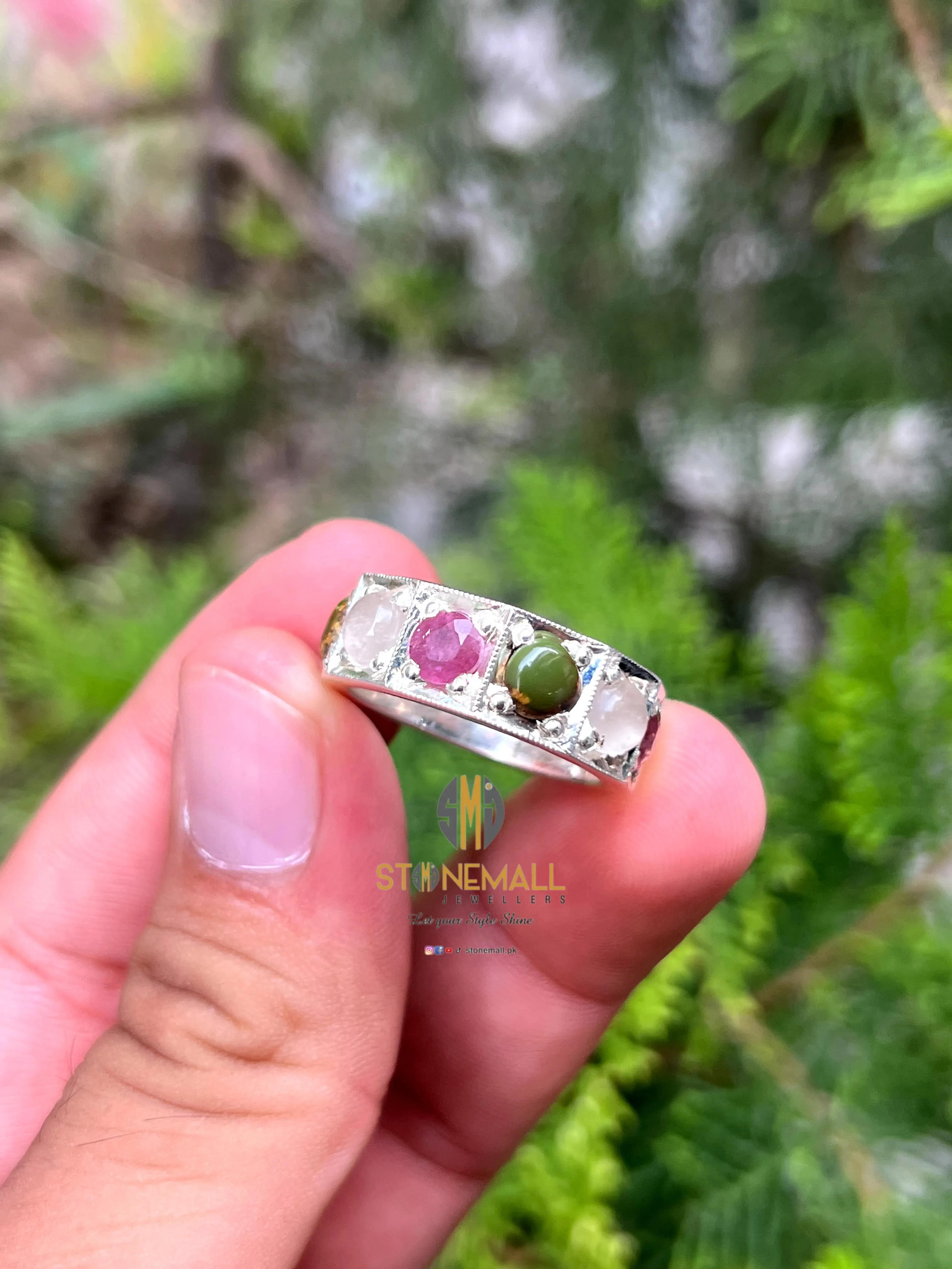 Three-Stone Ruby, Turquoise & Quartz 925 Sterling Silver Handmade Ring
