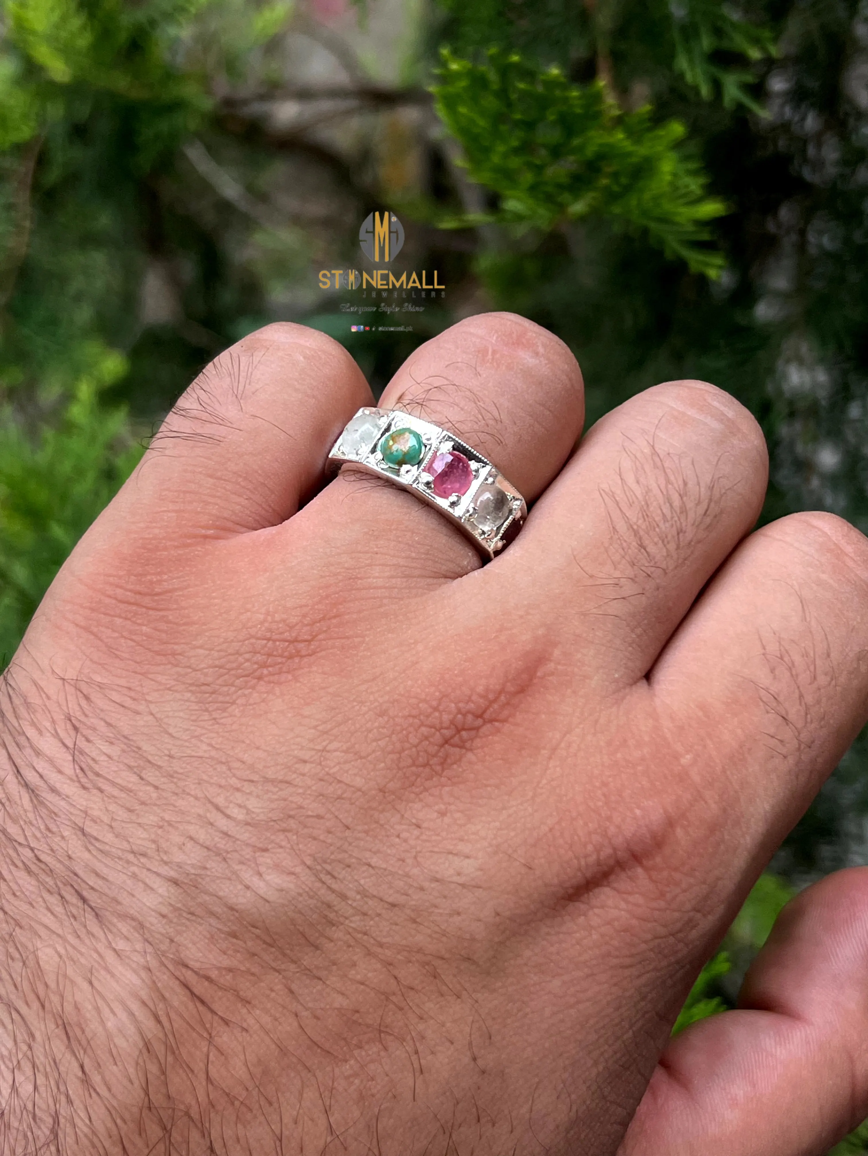 Three-Stone Ruby, Turquoise & Quartz 925 Sterling Silver Handmade Ring - Image 4