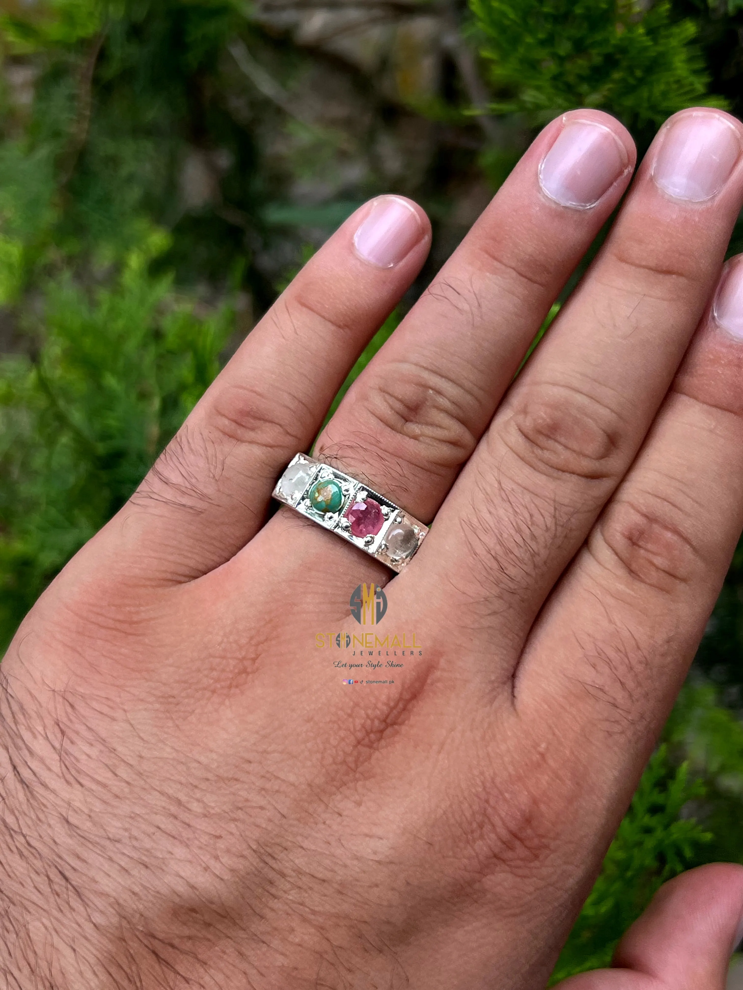 Three-Stone Ruby, Turquoise & Quartz 925 Sterling Silver Handmade Ring - Image 3